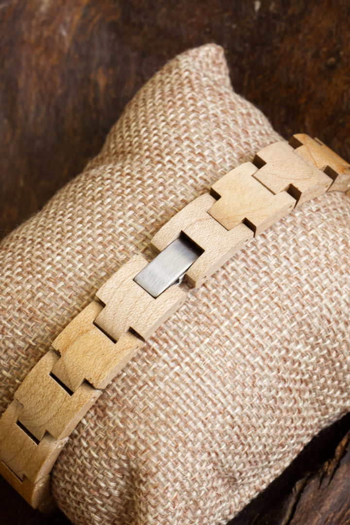 Close-up of the Vancouver maple wooden bracelet and steel clasp - The Wood Look