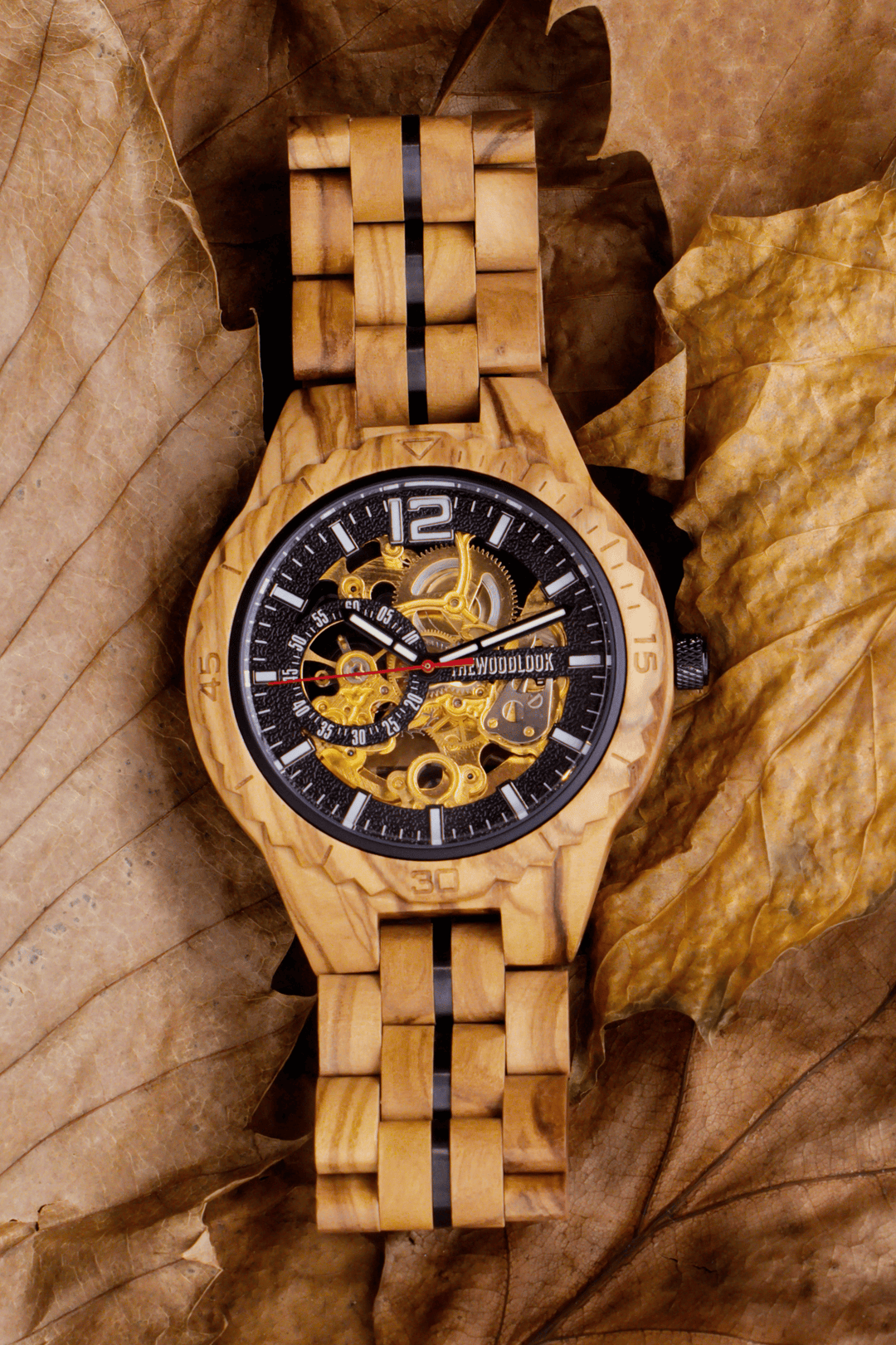 Venice olive wood mechanical watch with a black skeleton dial on autumn leaves - The Wood Look