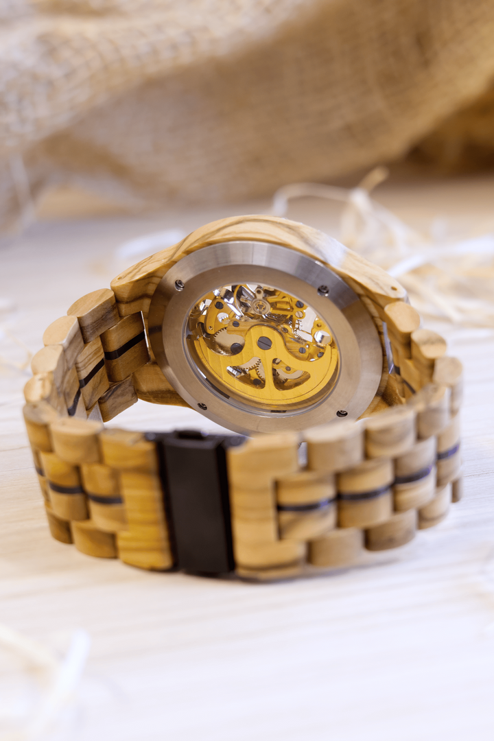 Back of the Venice olive wood mechanical watch showing the movement through the caseback - The Wood Look