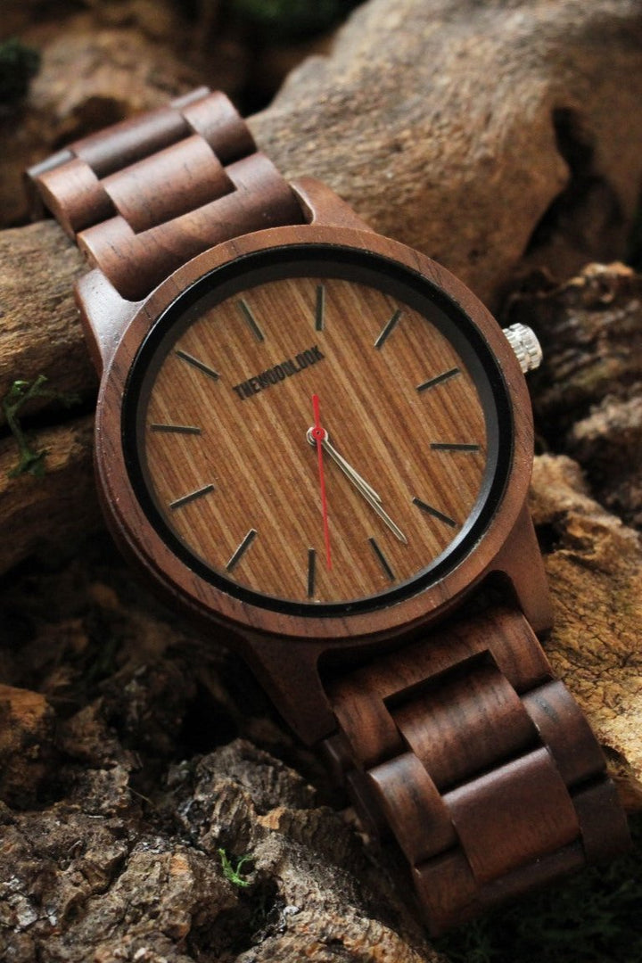 Warsaw all-walnut wooden watch with a wooden dial on bark - The Wood Look