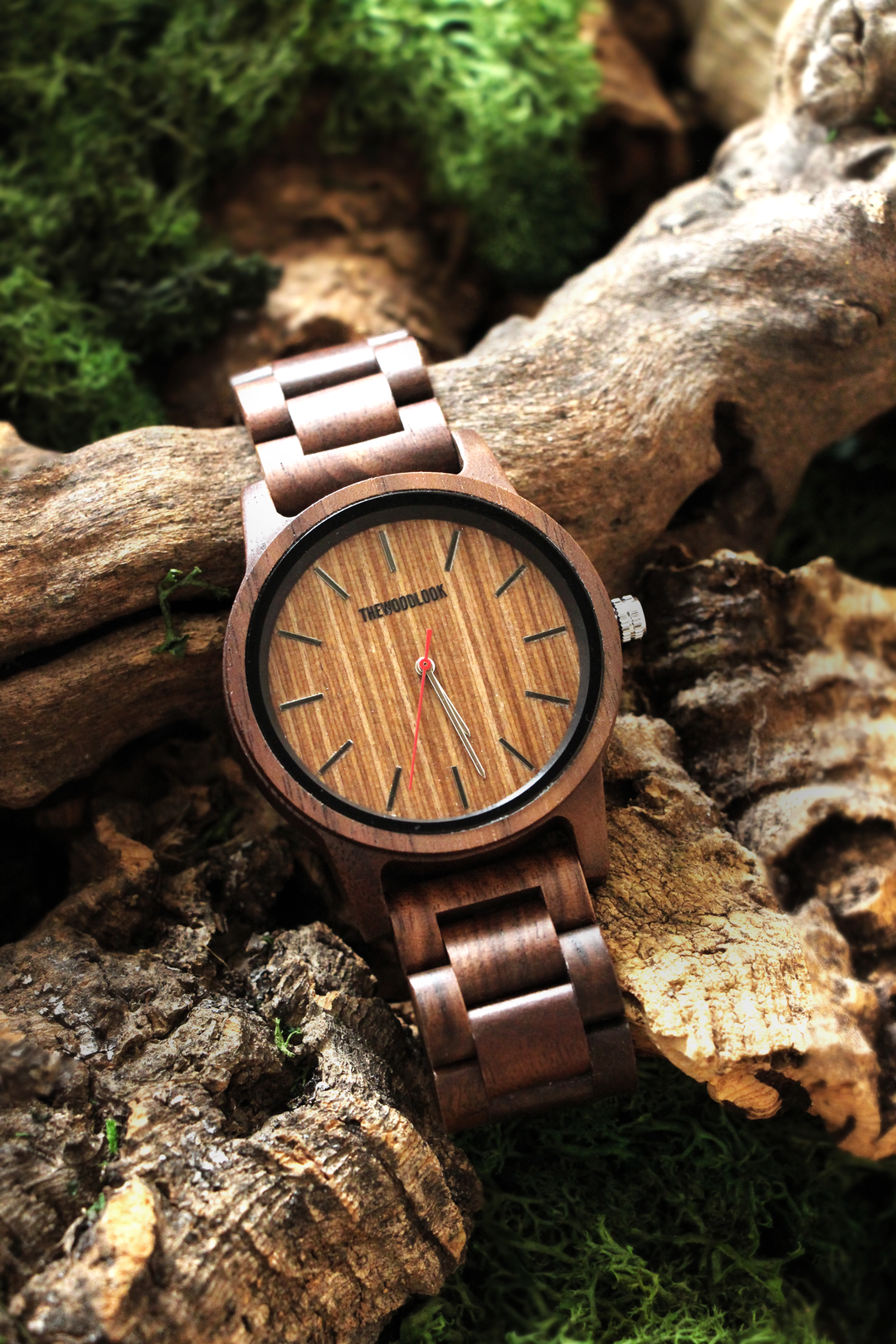 Warsaw walnut wooden watch on driftwood and moss - The Wood Look