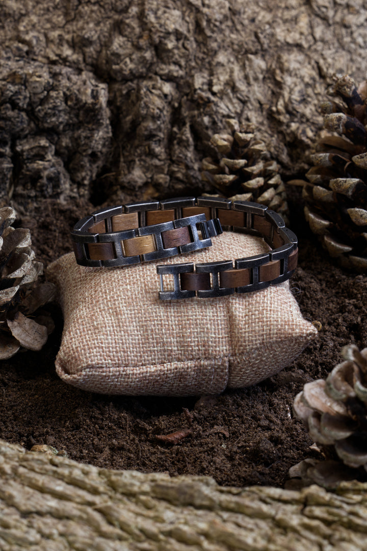 Yukon walnut and antique steel bracelet open to show the clasp - The Wood Look